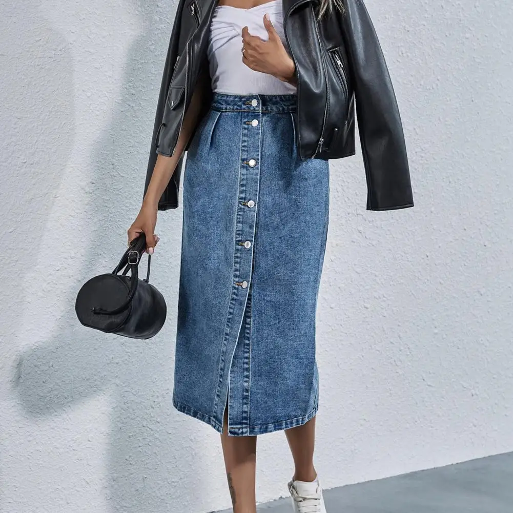 Women's Sexy Streetwear Button Women Skirt Autumn Winter Elegant Denim Skirt Female High Waist Casual Bodycon Long Skirts