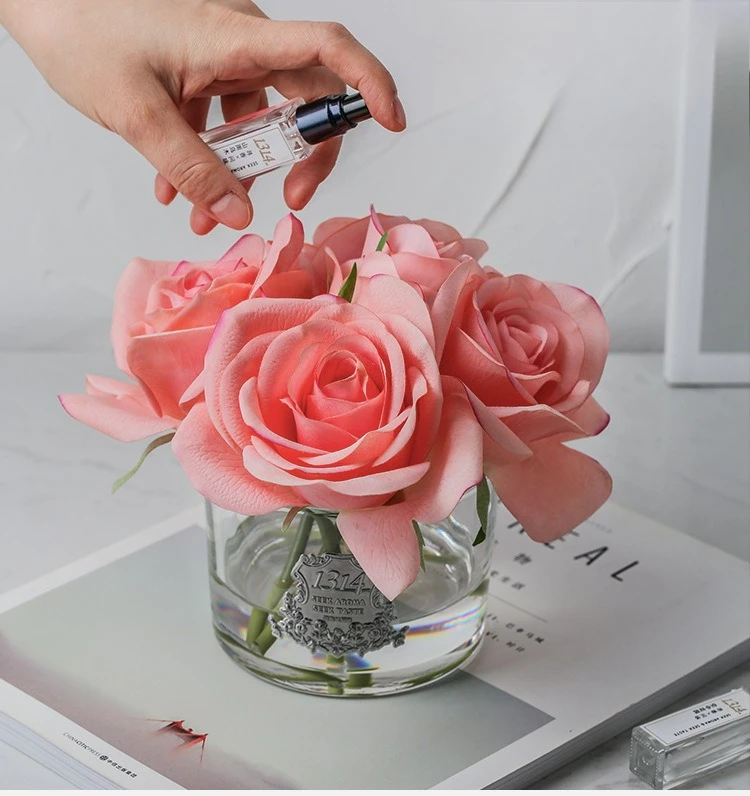 Artificial Rose Flower and Glass Vase and 10ml Essential Oil,Silk Flower Glass Bottle Set For Wedding, Hotel Banquet, Home Decor