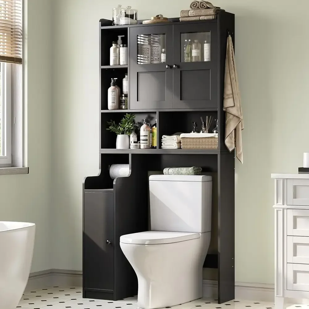 

Space-Saving Toilet Storage Cabinet with Glass Door and Toilet Paper Holder for Bathroom, Restroom, and Laundry (Black)