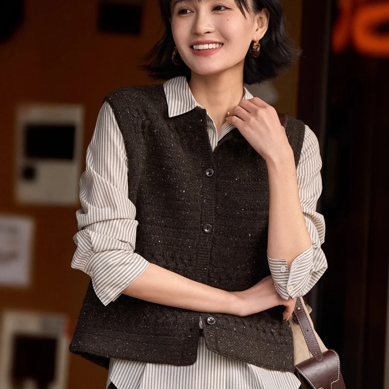 Birdtree، 90% صوف الأغنام 10% سترة الكشمير، سترة نسائية محبوكة برقبة دائرية، صدرية واحدة، صدرية خريف وشتاء 2025 T5N720JF #4