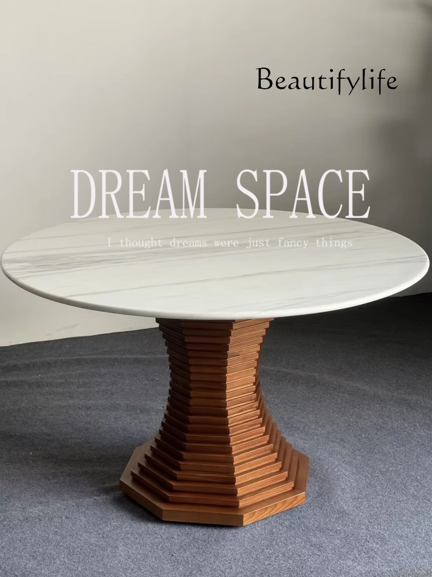 

Medieval retro solid wood marble countertop round dining table simple household carved dining table high sense