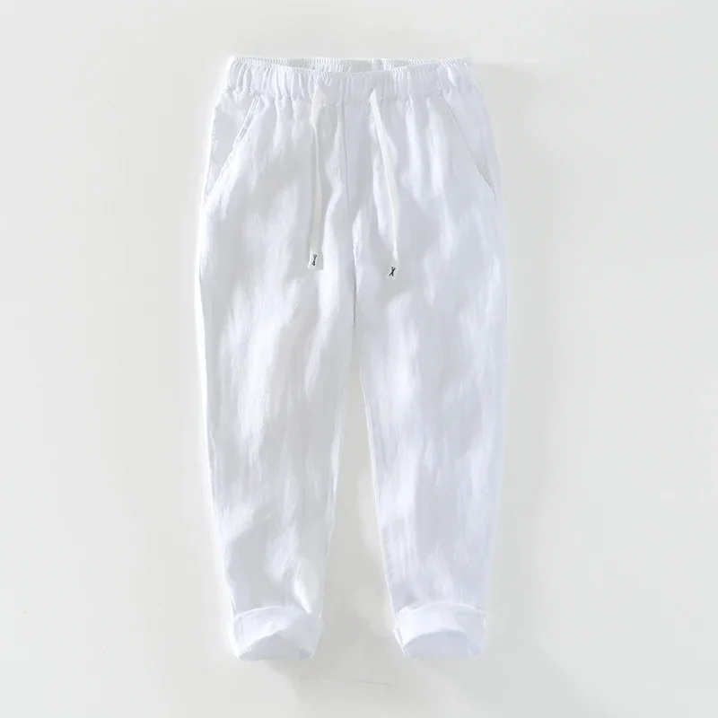 

White Pure Linen Men Pants Solid Color Regular Harem Pants Simple Breathable Drawstring Trousers 2023 Spring New