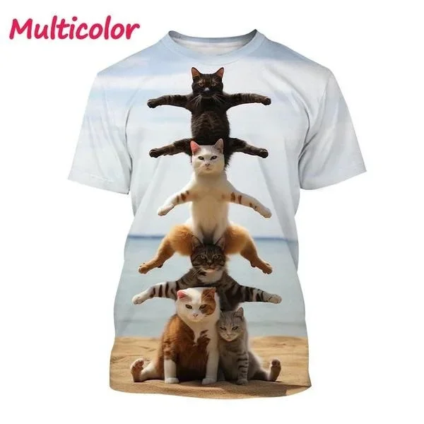 2023 New Funny Cute Cat 3D Printing T-Shirt Animal Creative Personality Interesting Street Round Neck Short Sleeve