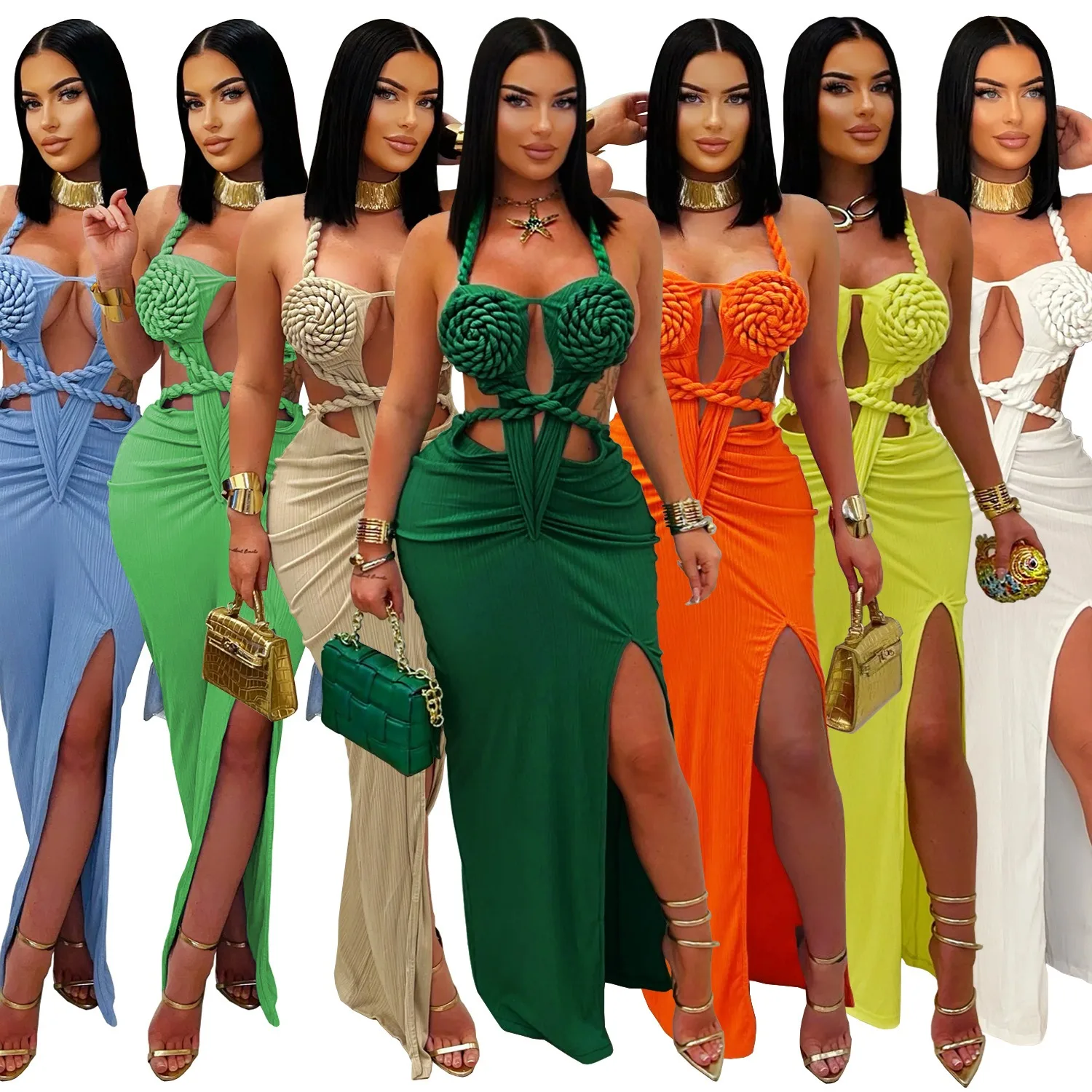 

Sexy Nightclub Party Prom Club Banquet Solid Color Knit Neck Backless Solid Dresses