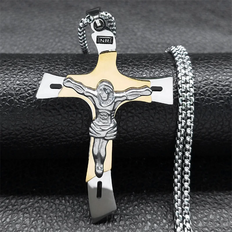 Cross Jesus Crucifix Stainless Steel Multilayer Pendant Necklace Gold Silver Color Male Necklace Jewelry collier homme NXH43S02