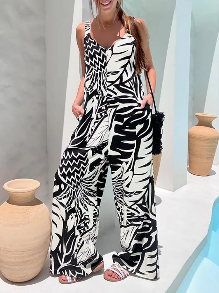 Summer Women Sleeveless Loose Jumpsuits, Loungewear Wide Leg Pants Solid Playsuits, New O-Neck Patchwork Streetwear Dropshipping