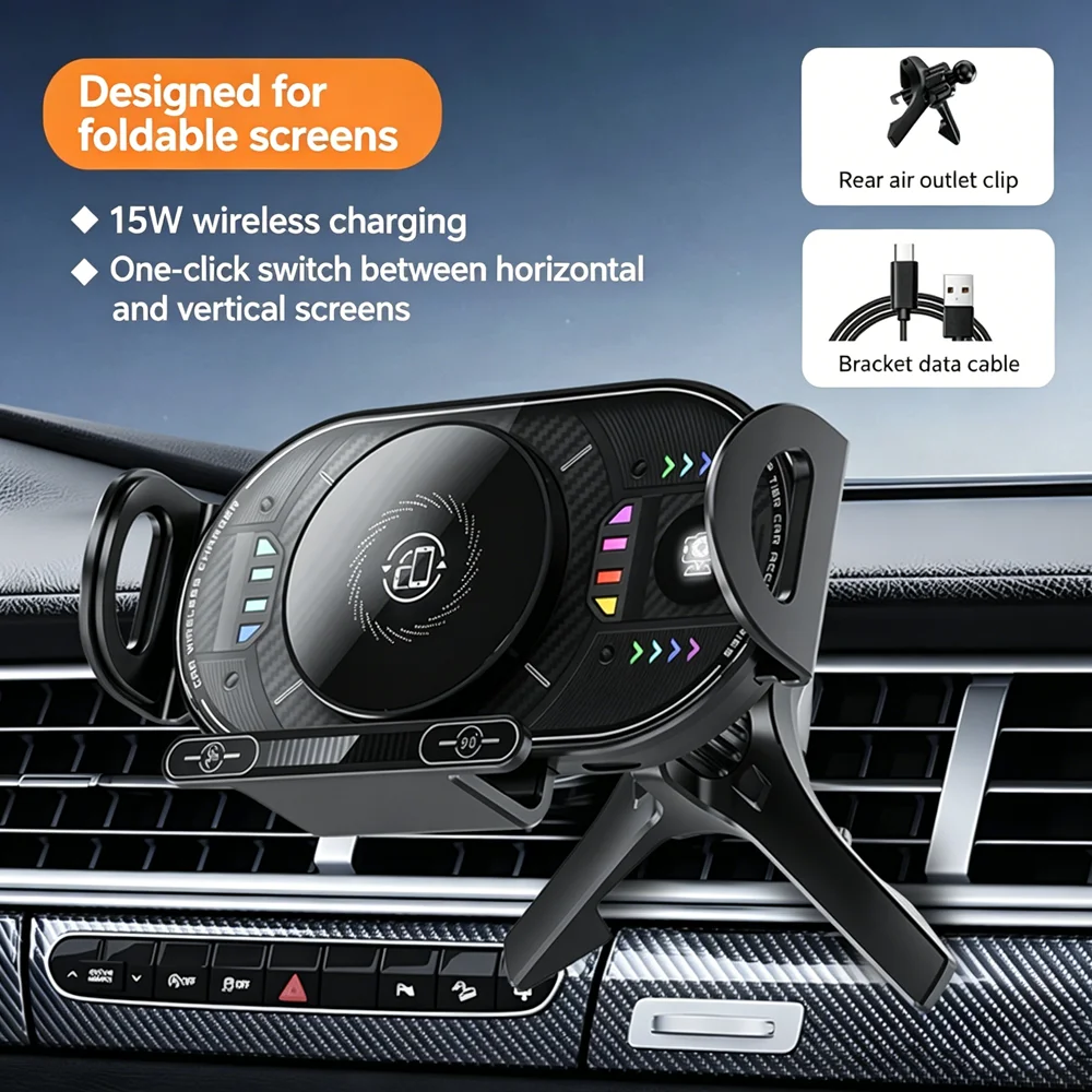 

2026 New Fold Screen 15W Car Wireless Charger Phone Holder Touch Rotate Stand Universal Rotation Mount