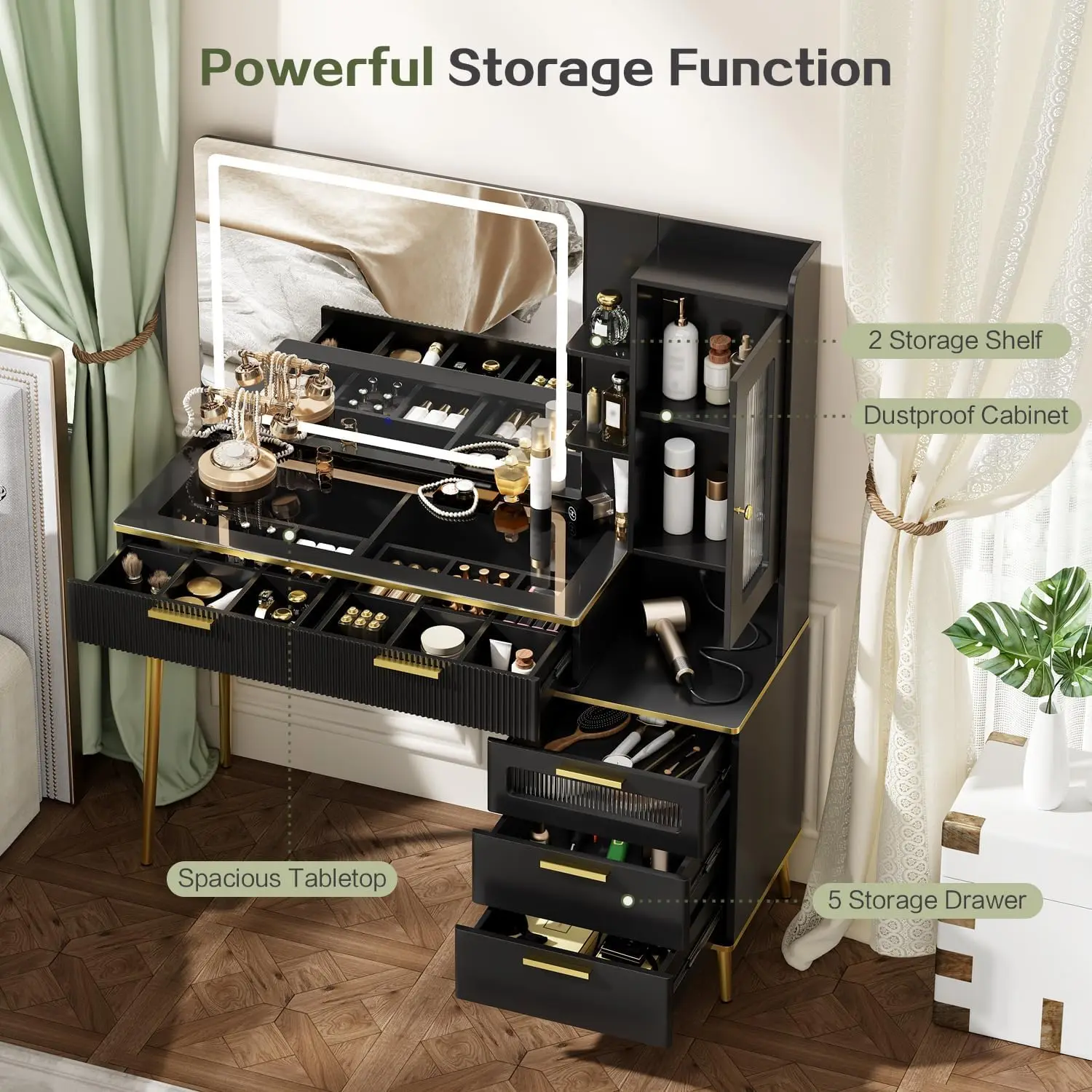 Modern Vanity Desk with Mirror, Lights, 5 Drawers, Storage Shelves & Power Outlet, Black