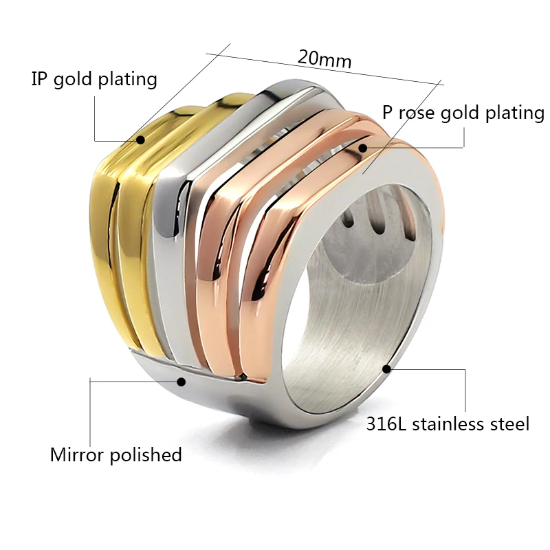 Fashion Wide Big Punk Rings for Women Arched Shape Tri color Stainless Steel Rings 2cm Unusual Wedding Party Rings Accessories