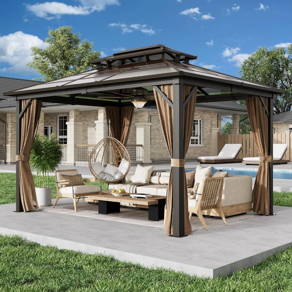 

10' x 13' Gazebo Polycarbonate Double Roof Canopy Outdoor Aluminum Frame Pergola, Permanent Pavilion with Netting and Curtains