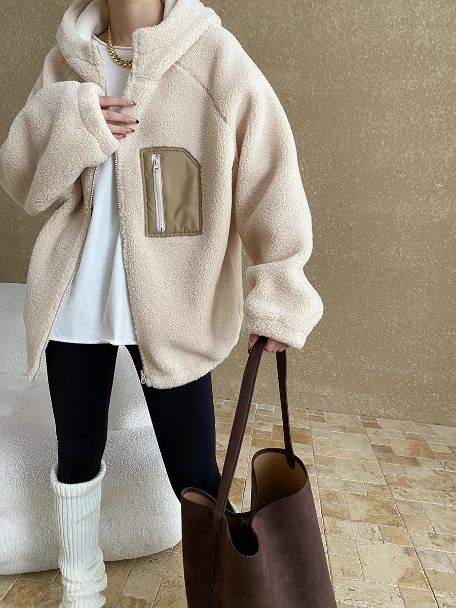 Autumn and winter women's casual solid color pocket decoration loose hooded jacket