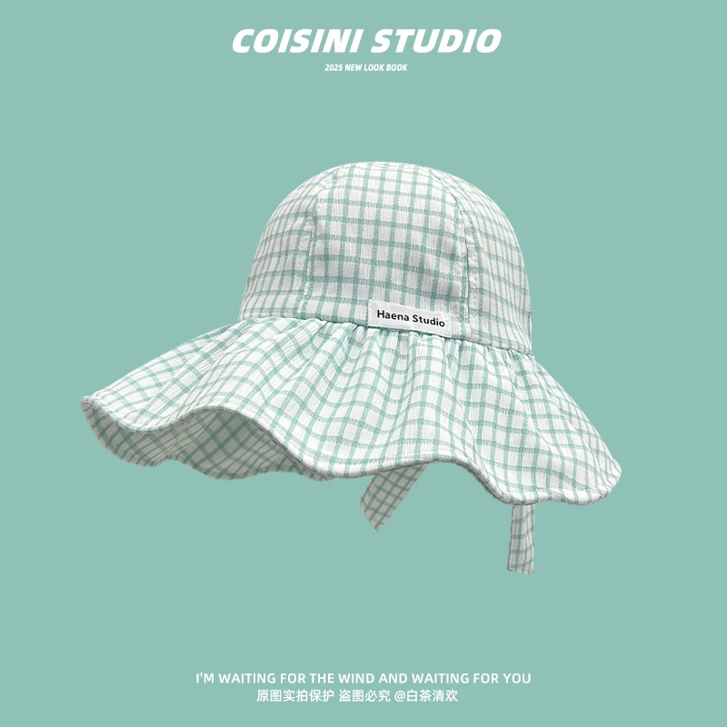 Korean Fresh Plaid Bow Strap Bucket Hats for Women Summer Travel Sunscreen Big Brim UV Protection Sweet Versatile Sun Hat