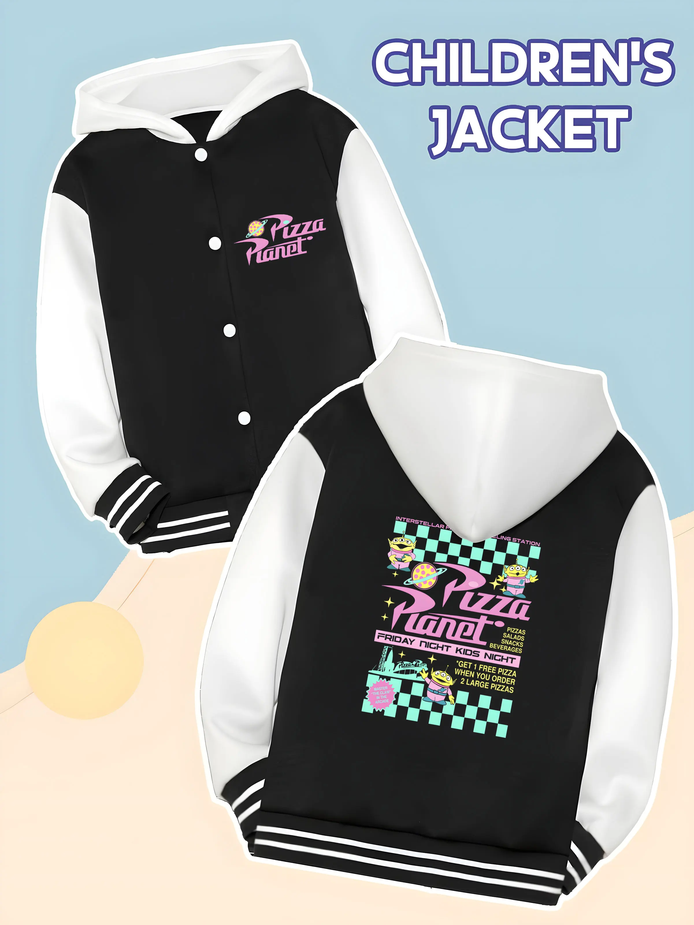 

MINISO Disney Toy Story Pizza Planet Kids Baseball Jacket-Pizza Planet Print,Perfect for Boys to Wear to School or Themed Events