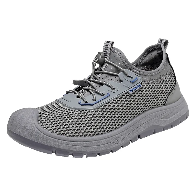 Men's Non-slip Mesh Walking Shoes Gray Elastic Lace-up Hiking Sneakers Breathable Toe Cap Outdoor Footwear for Trekking Camping