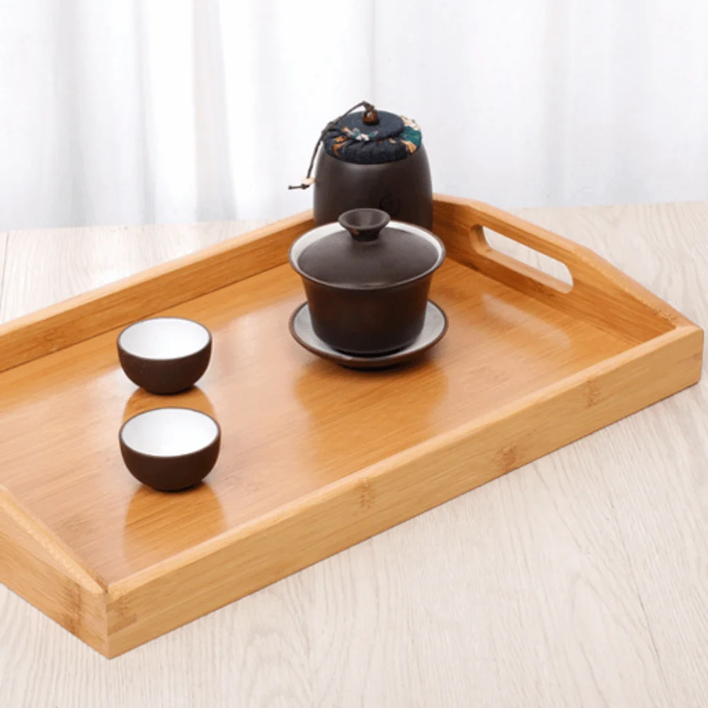 

Aesthetic Wooden Organizer Tray Multifunctional Handmade Food Storage Tray Decorative with Handles Bamboo Serving Tray Cooking