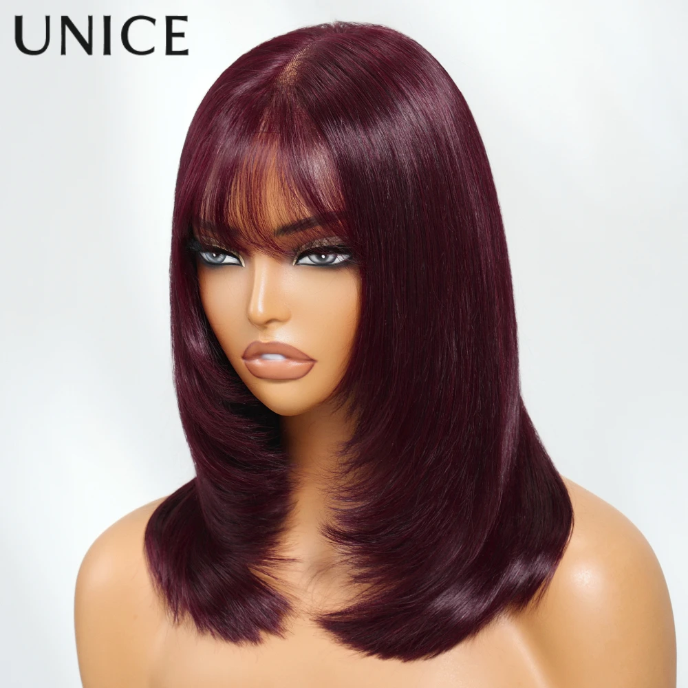 UNice الكرز الأسود الطبقات قطع مستقيم بوب شعر مستعار مع الانفجارات 7x5 الدانتيل قبل قطع قبل ابيض غلويليس شعر مستعار شعر الإنسان 150% الكثافة