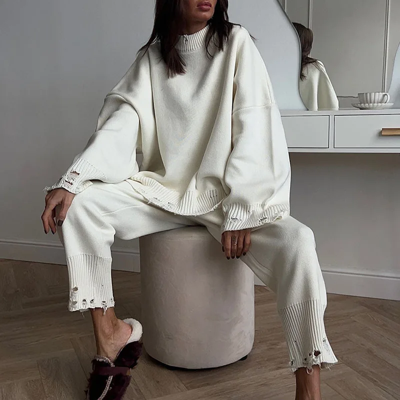 Elegant O-neck Pullover & Long Pant Sweater Outfits Women Casual Long Sleeve Loose 2 Piece Suit Fashion Ripped Knitted Solid Set