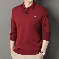 Winter Velvet Sweater Men's Business Pullover Polo Neck Sweaters Fake 2 Piece Fashion Korean Business Causal Pullovers