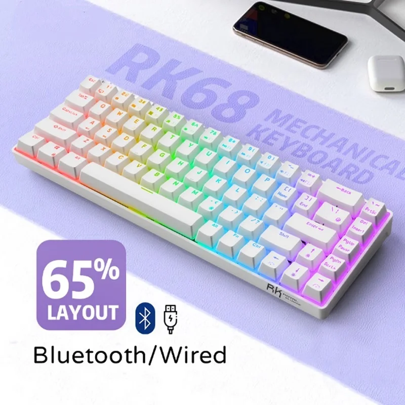 

New RK68(RK855)/RK71 RGB Wireless 65% Compact Mechanical Keyboard, 68/71 Keys 60% Bluetooth Hot Swappble Gaming Keyboard