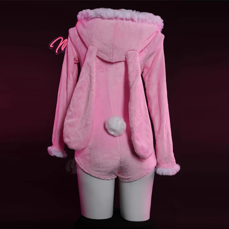 Bunny Girl Cosplay Costumes Women Sexy Zipper Hooded Flannel Pajamas Cute Pink Rabbit Jumpsuit Halloween Carnival Party Clothing view 5