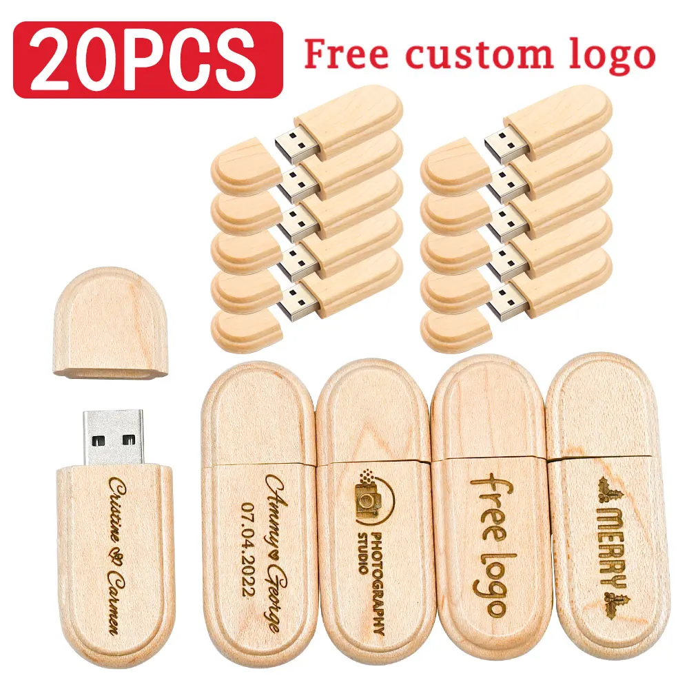 20PCS Wooden USB 2.0 Flash Drive 128GB High speed Pen drive 64GB 32GB Free Custom Creative gift Memory stick U disk for Laptop