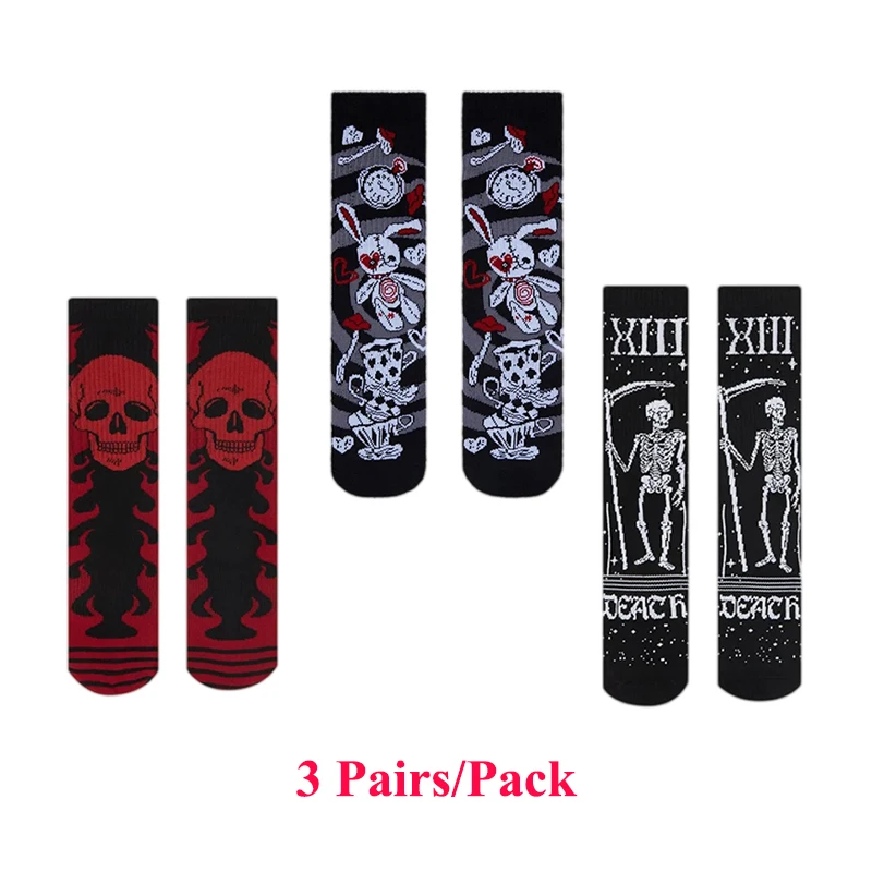 

3 Pairs/Pack Gothic Dark Skull Skeleton Doll Crew Socks Retro Elastic Unisex Cotton Women Men Funny Stocking Novelty Socks Gifts