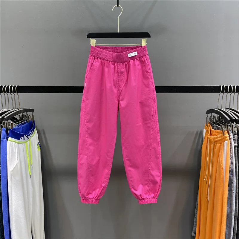 Summer Candy Color Loose Women's Casual Trousers Elastic Waist Thin Harvest Pants High Waist Cotton Polyester Blend