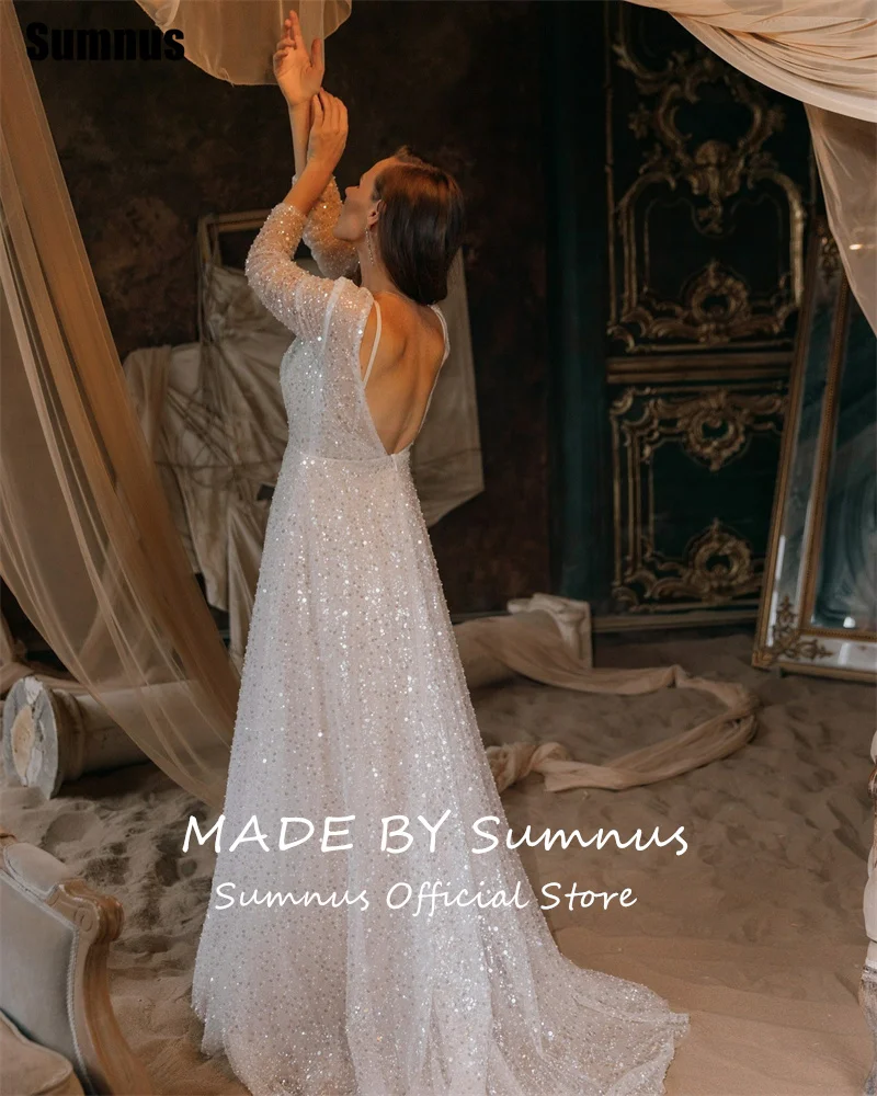 Sumnus-vestido de fiesta moderno, corte en A, cuello redondo, manga larga, cuentas, vestido de noche con lentejuelas, Gala, فساتmaveraPersonalizzato