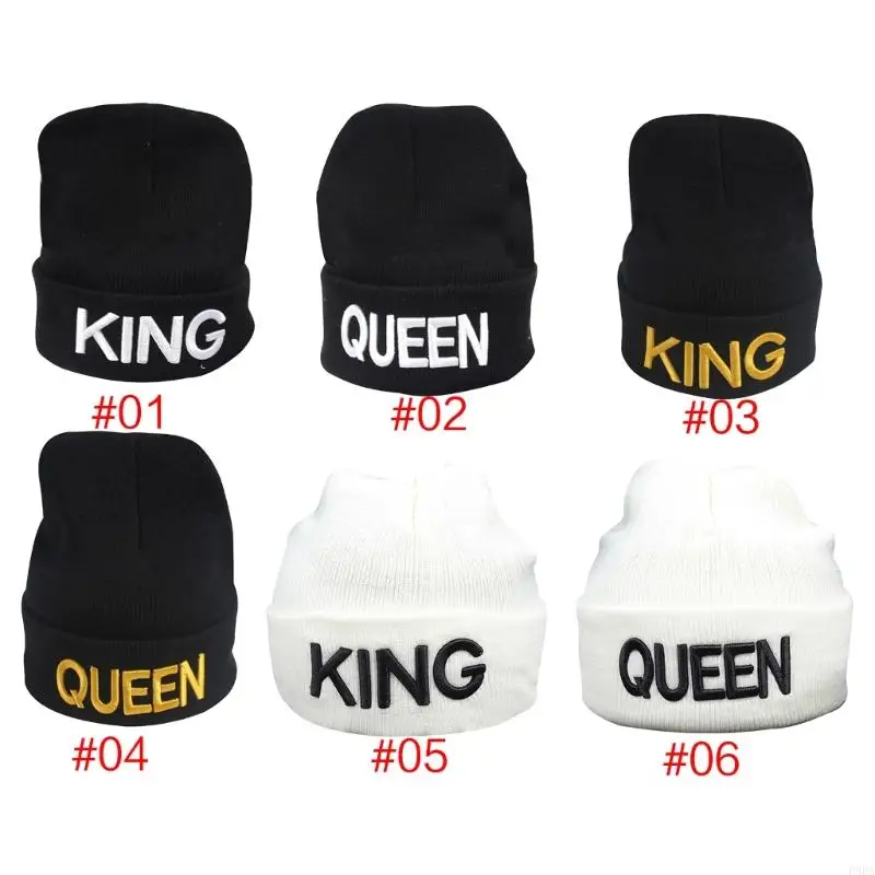 

P88A Knit Beanie Hat King Queen Hats For Couples Skull Hat Couple Hat Highlight Small Face Knitted Hat Skullies Beanie