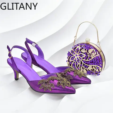 Women Nigerian Italian Shoes and Bags Set Decorated with Rhinestone Luxury Shoe and Bag Set for Party in Women Ladies Pumps