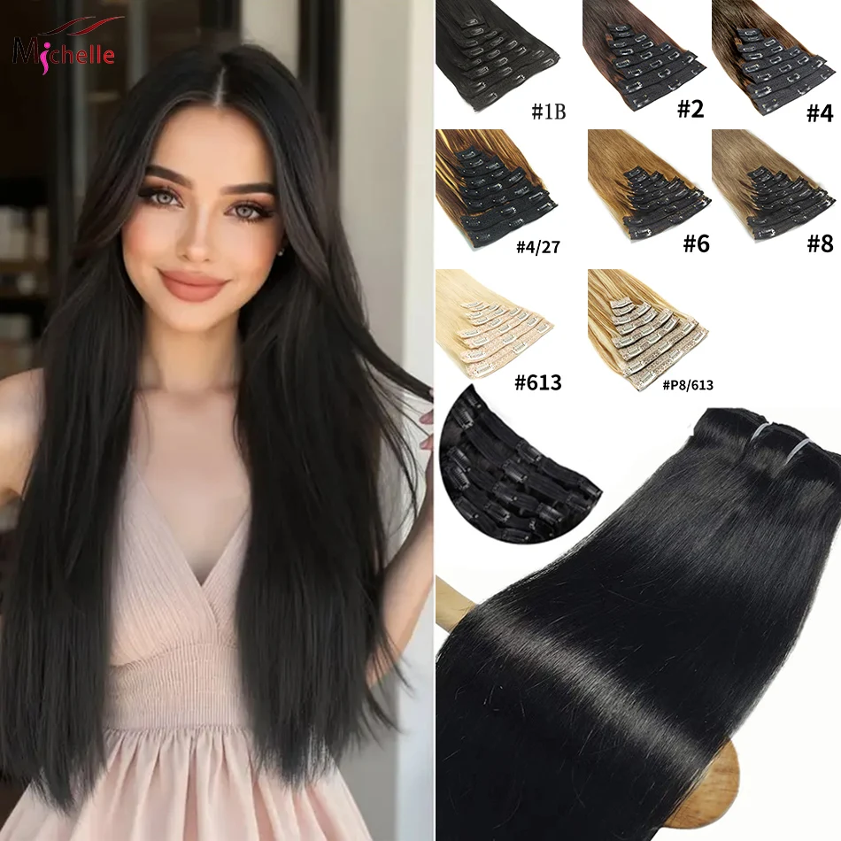 

Наращивание волос на клипсах, 100% человеческие волосы, бразильские прямые волосы на заколке натурального черного цвета, человеческие волосы Remy, 8 шт., с 18 зажимами