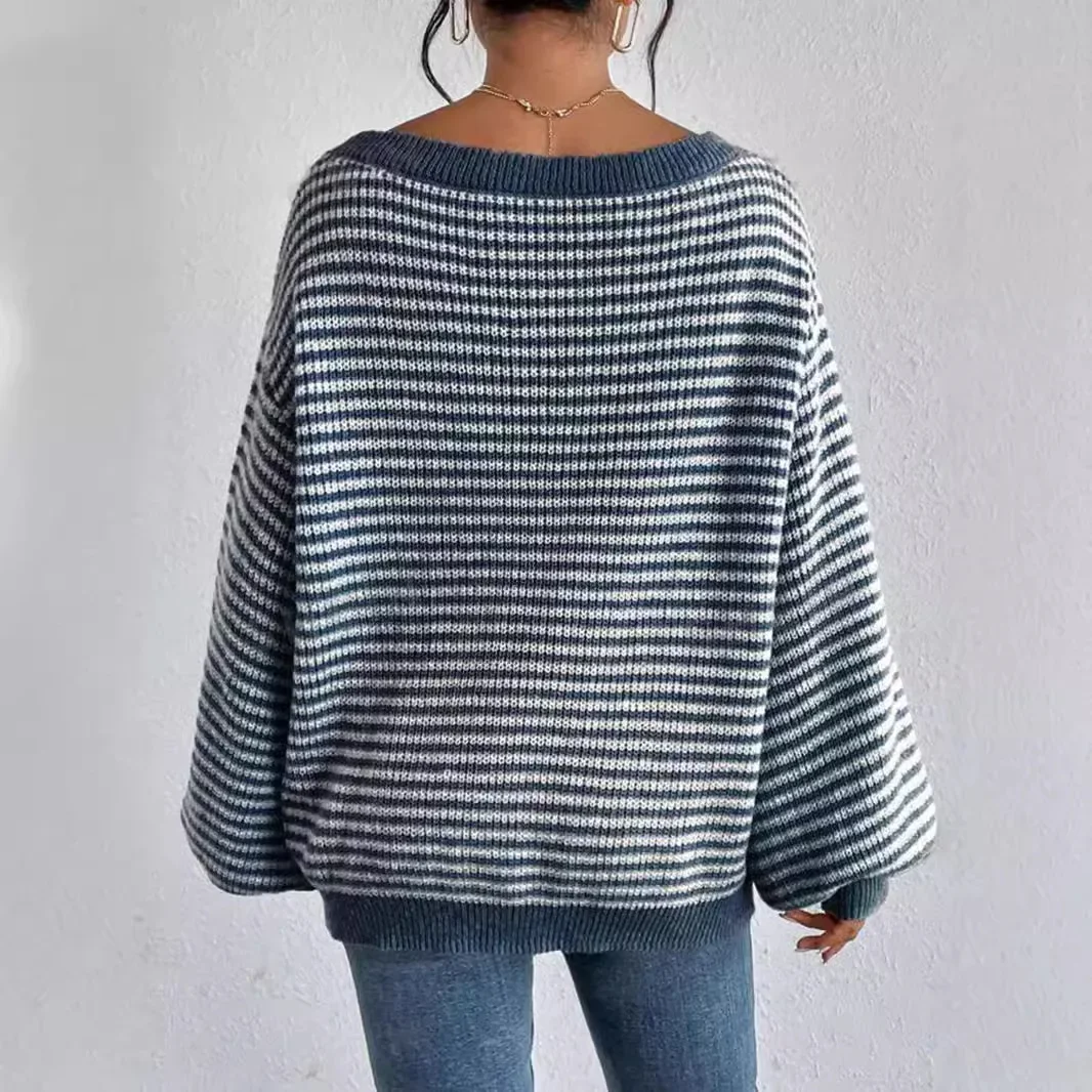 Women's Striped Long Sleeved Loose Knit Sweater with Off Shoulder Sleeves Versatile and Loose Fitting 2024 Autumn