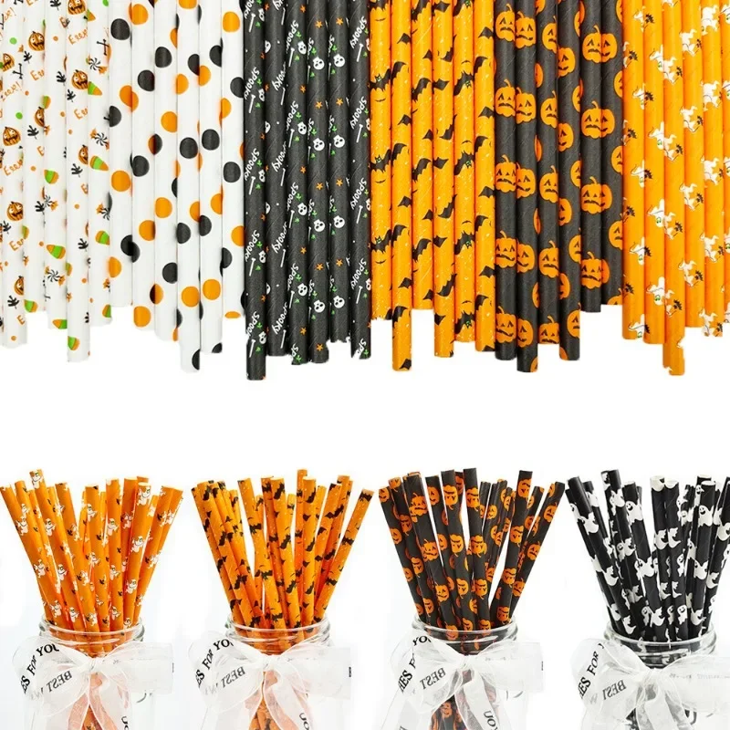 100pcs Halloween Paper Straws Pumpkin Bat Spider Ghost Pattern Biodegradable Drinking Stripe Straws for Halloween Party Decor