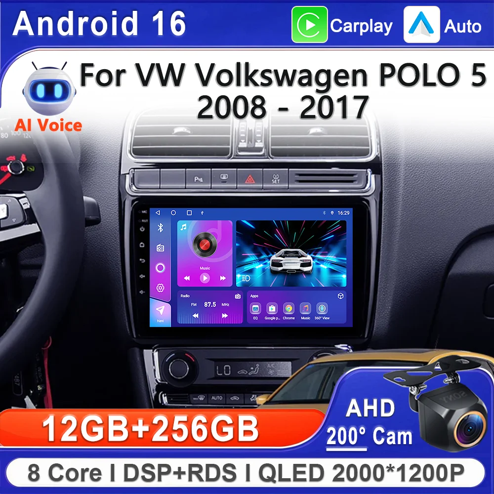 

Автомагнитола Android 16 Carplay Auto для VW Volkswagen POLO 5 2008-2017, мультимедийный видеоплеер, навигация GPS, без 2DIN DVD