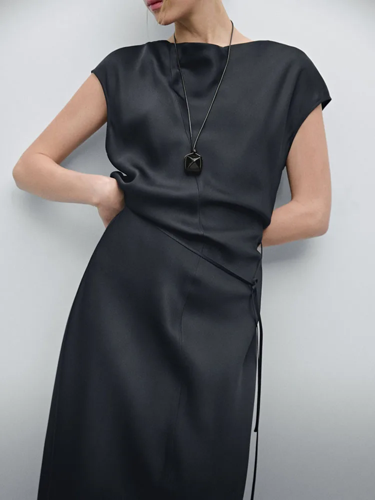 Robe longue en Satin pour femmes, dr dr dr drapée, haut de gamme, ort Sve, ligne a, couchée à la taille, ronde Ne, nouvelle collection été