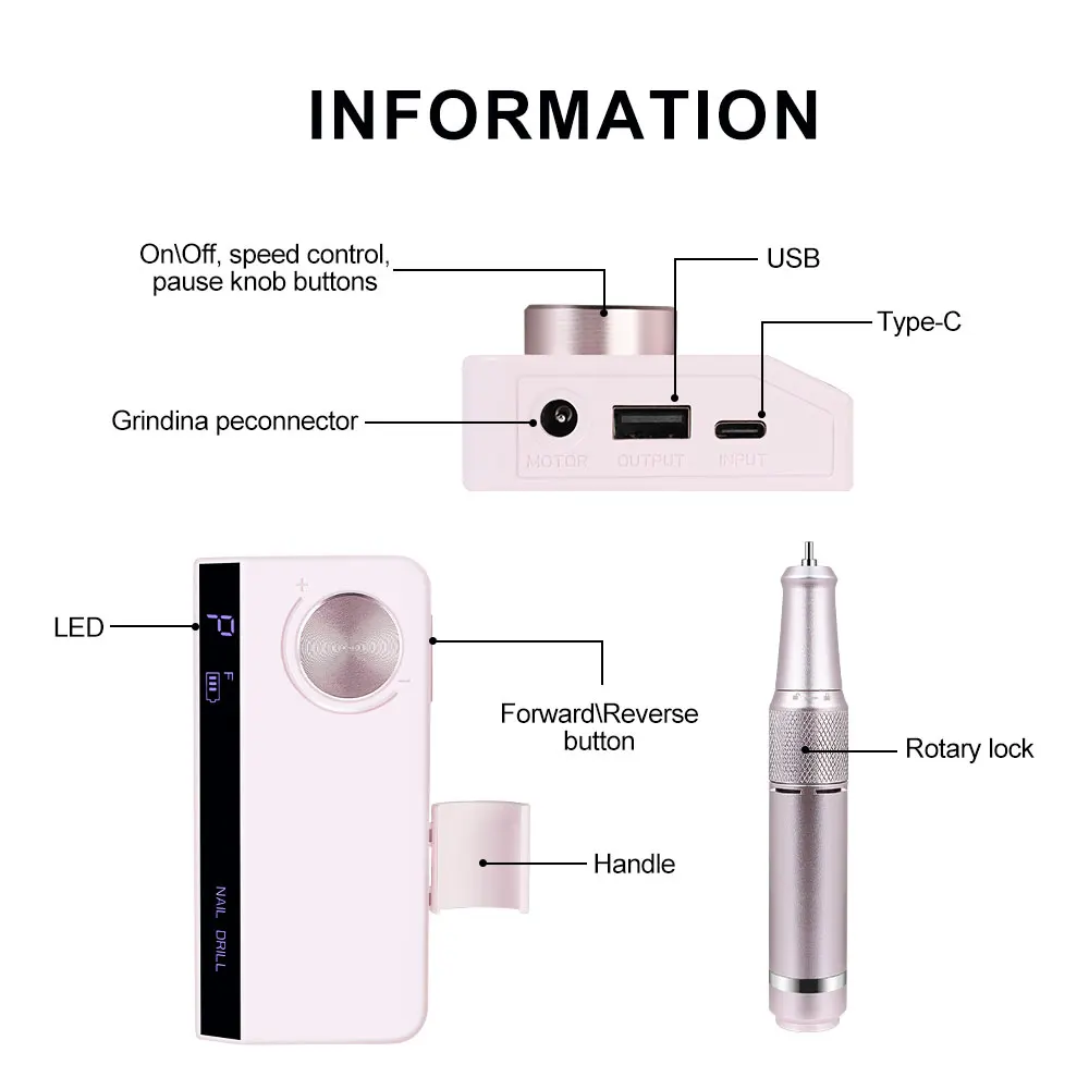 35000 Rpm Instelbare Snelheid Lage Ruis Draadloze Usb Nail Boor Voor Acryl En Gel Nagellak Professionele Nagelsalon
