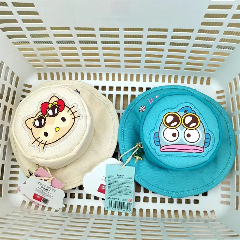 

Original Sanrio Kt Hangyodon Summer Black Leather Sun Hat Crossbody Bag Anime Figure Decoration One-Piece Hat Storage Bag