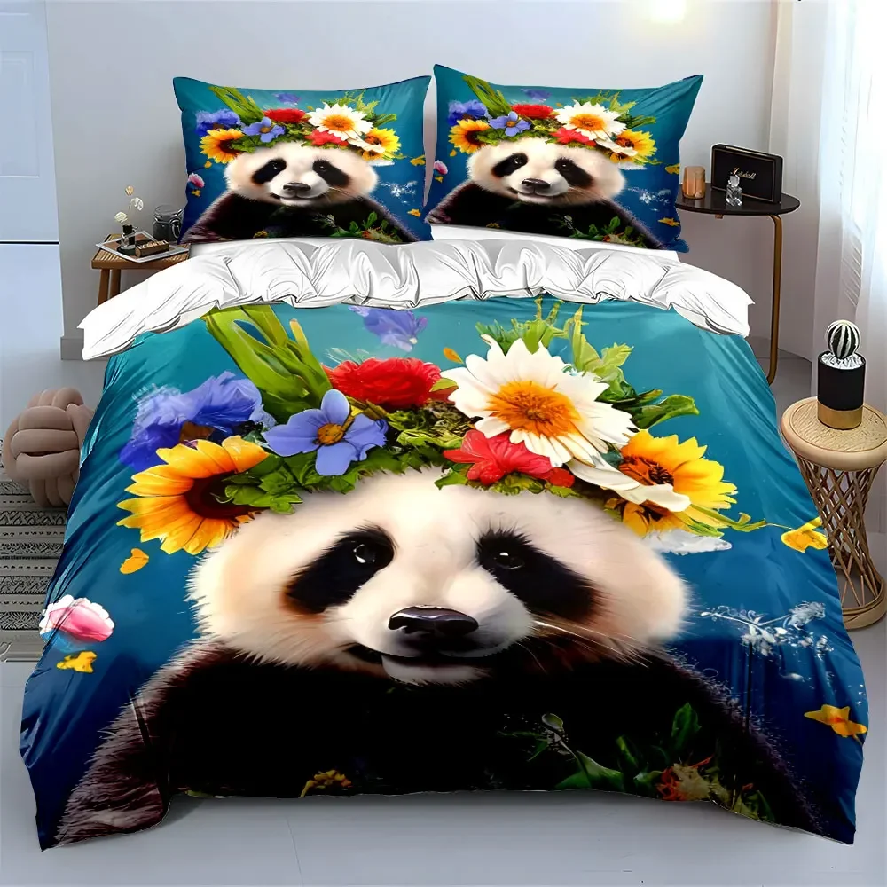 3Pcs Whimsical Panda Bedding Set, Adorable Panda with Flower Crown Print Duvet Cover, Kids Bedroom Decor