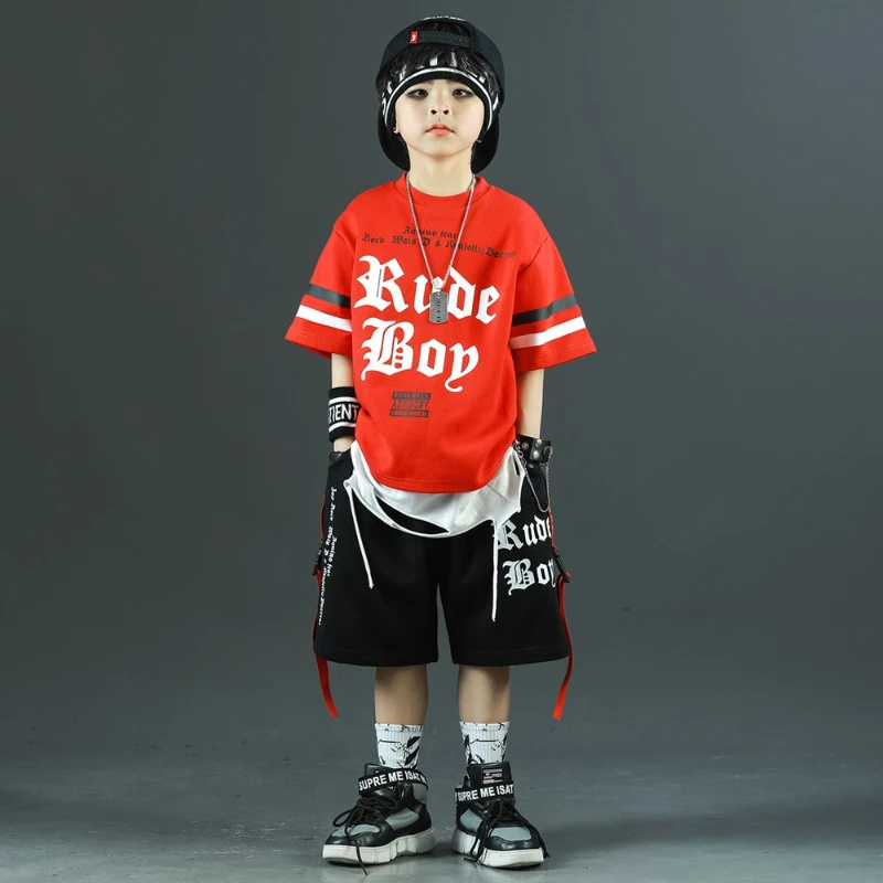 

Fashion Boys Streetwear Hip Hop Costumes Red T Shirt Black Shorts Sets Cool Jazz Stage Dance Clothes Group Performance Outfit