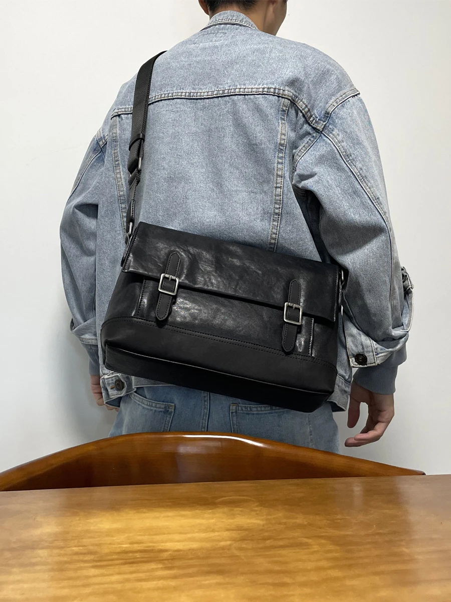 outdoor daily work first layer cowhide men's black messenger bag casual luxury handmade genuine leather commuter shoulder bag