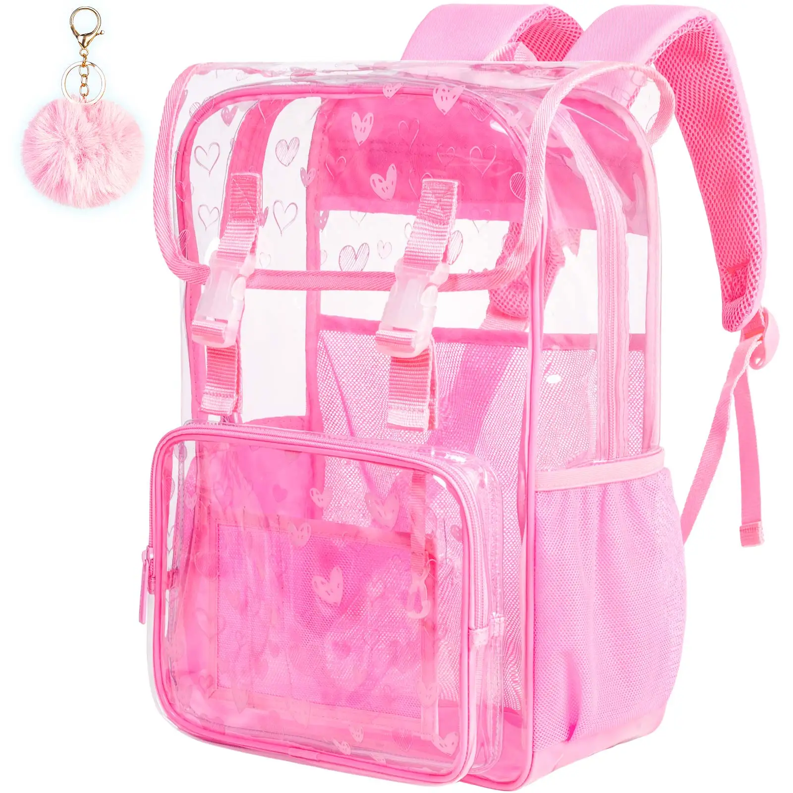 

Clear Backpack, Heavy Duty Transparent Bookbag, See Through PVC Backpacks for Girls - Pink