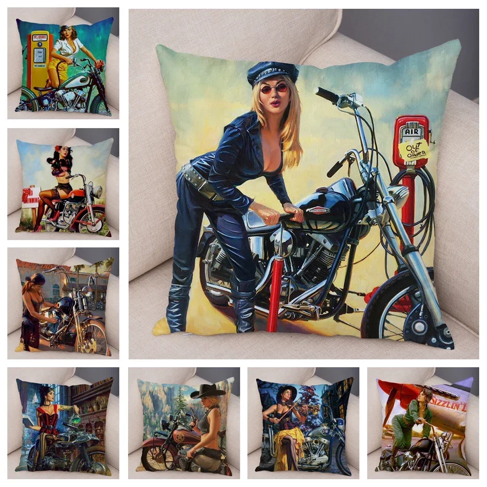 Vintage Oil painting Poster Motorcycle Pillow Case Plsuh Decor Cartoon Sexy Girl Cushion Cover for Sofa Car Pillowcase 45x45cm