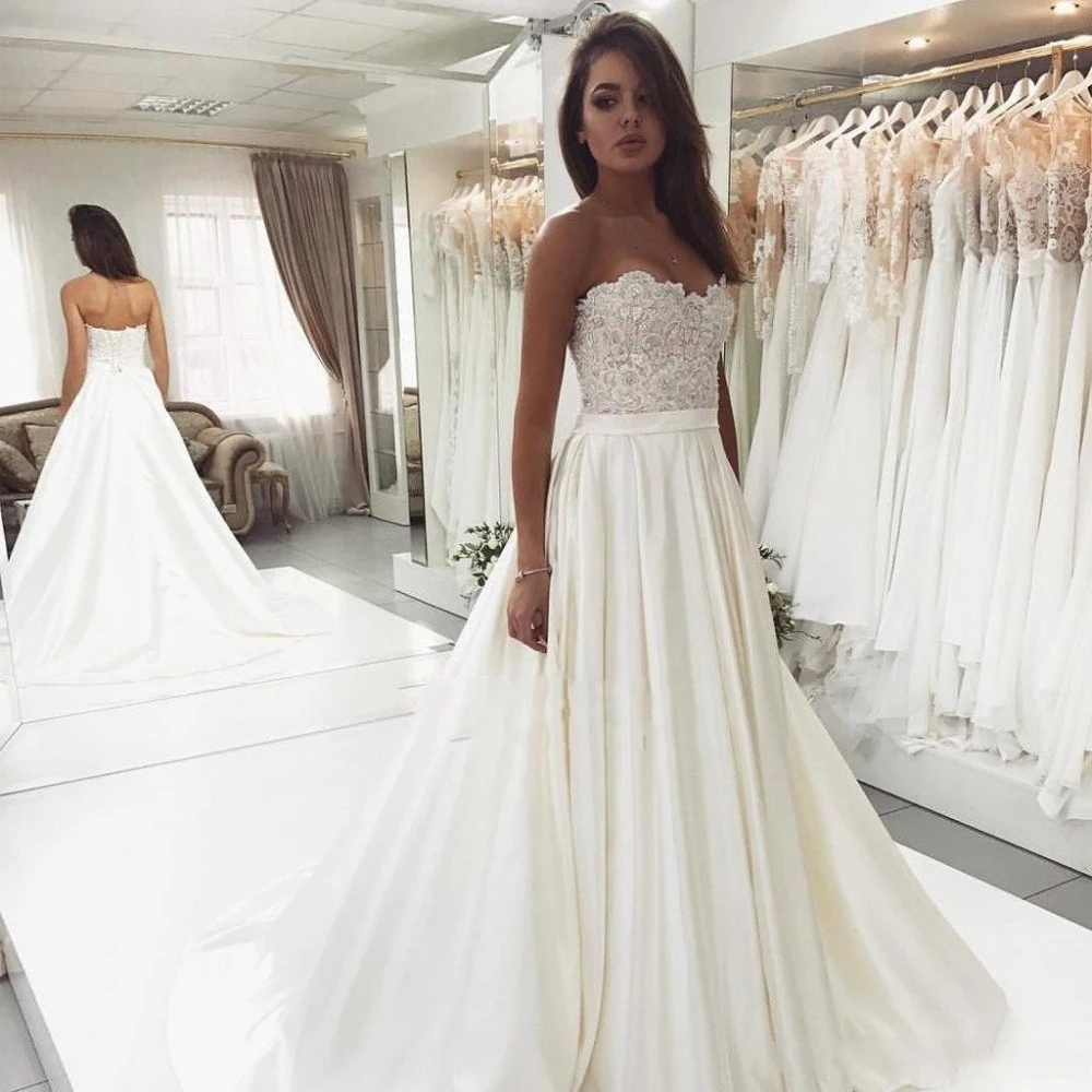 ZJ9007 Customized 2026 White Ivory Wedding Dresses Strapless A line Satin Lace Beaded Bridal Dresses Princess Wedding Gown