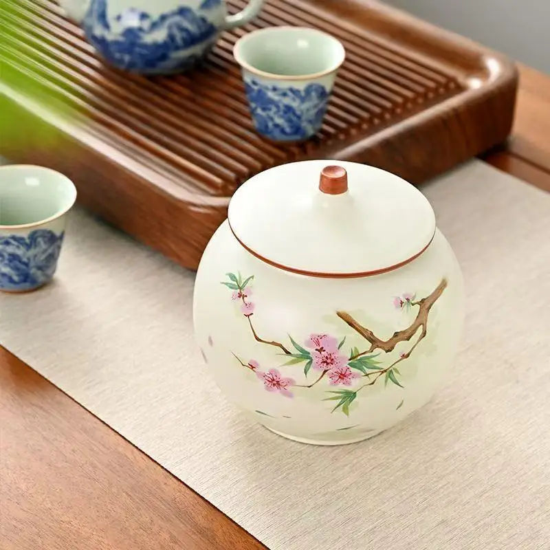 Peach Blossom Tea Jar Vintage Chinese Enamel Sealed Home Kitchen Items Tea Storage Ornament Kitchen Shelf Decor Retro Dry Fruit