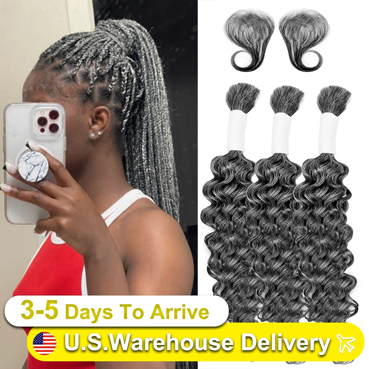 Deep Wave Bulk Braiding Hair 20inch 3pack  for Braiding Micro Quality Wave grey Water Wave Brazilian Virgin 100% Unprocessed