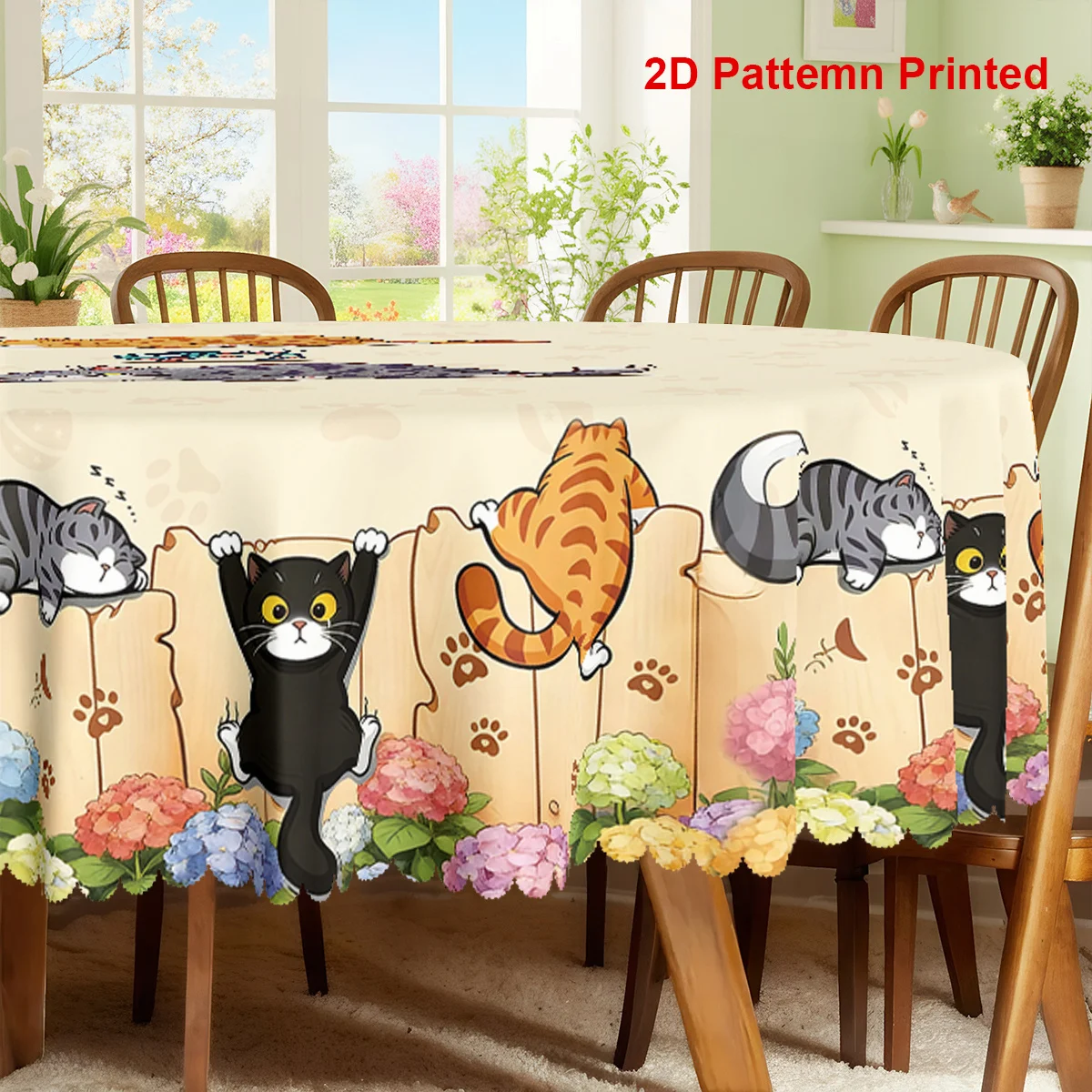 One item, a tablecloth with a cute cat theme, featuring retro cat paws and ball flower patterns in spring and summer seasons.zyc