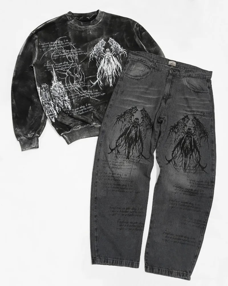 

European and American High Street Harajuku Washed Distressed Graphic Jeans Men Gothic Punk Casual High-waisted Straight Pants