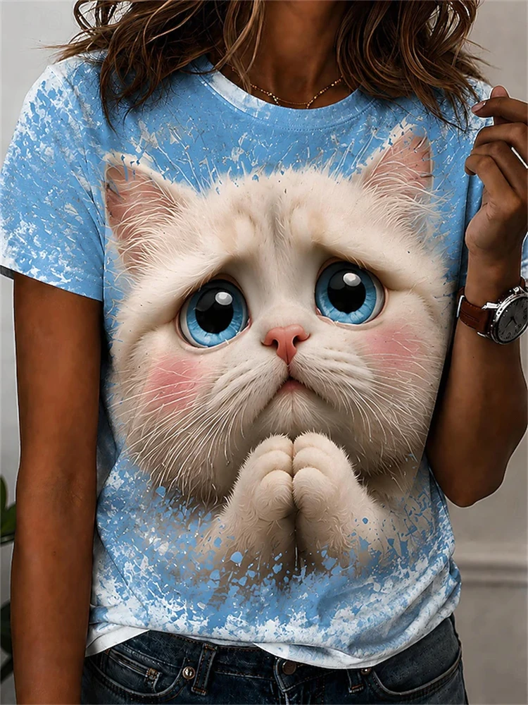 2026 New Women's Short-Sleeve T-Shirt Round-Neck Cute Kitten Print Top Casual Streetwear Style Women's Short-Sleeve T-Shirt