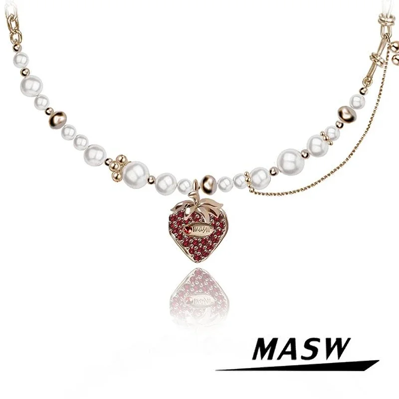 MASW Original Design Senior Sense Pretty Red Strawberry Pendant Necklace For Women Girl Gift Fashion Jewelry Popular 2024 New