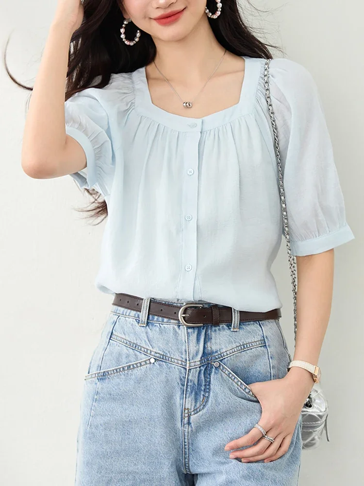 Camicette in chiffon con colletto quadrato stile coreano pop per donna Camicia estiva casual a maniche corte chic sottile Top femminile